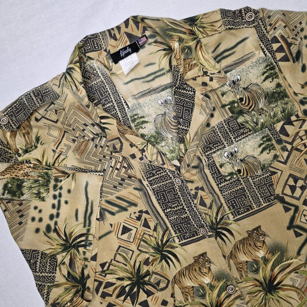 Vintage Tapestry Womens Safari Shirt 2X Animal Patchwork Lions Tigers Epaulets